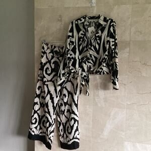 Rachel Zoe Women's Outfit Top & Wide Leg Pants S/M Linen Black White Resortwear